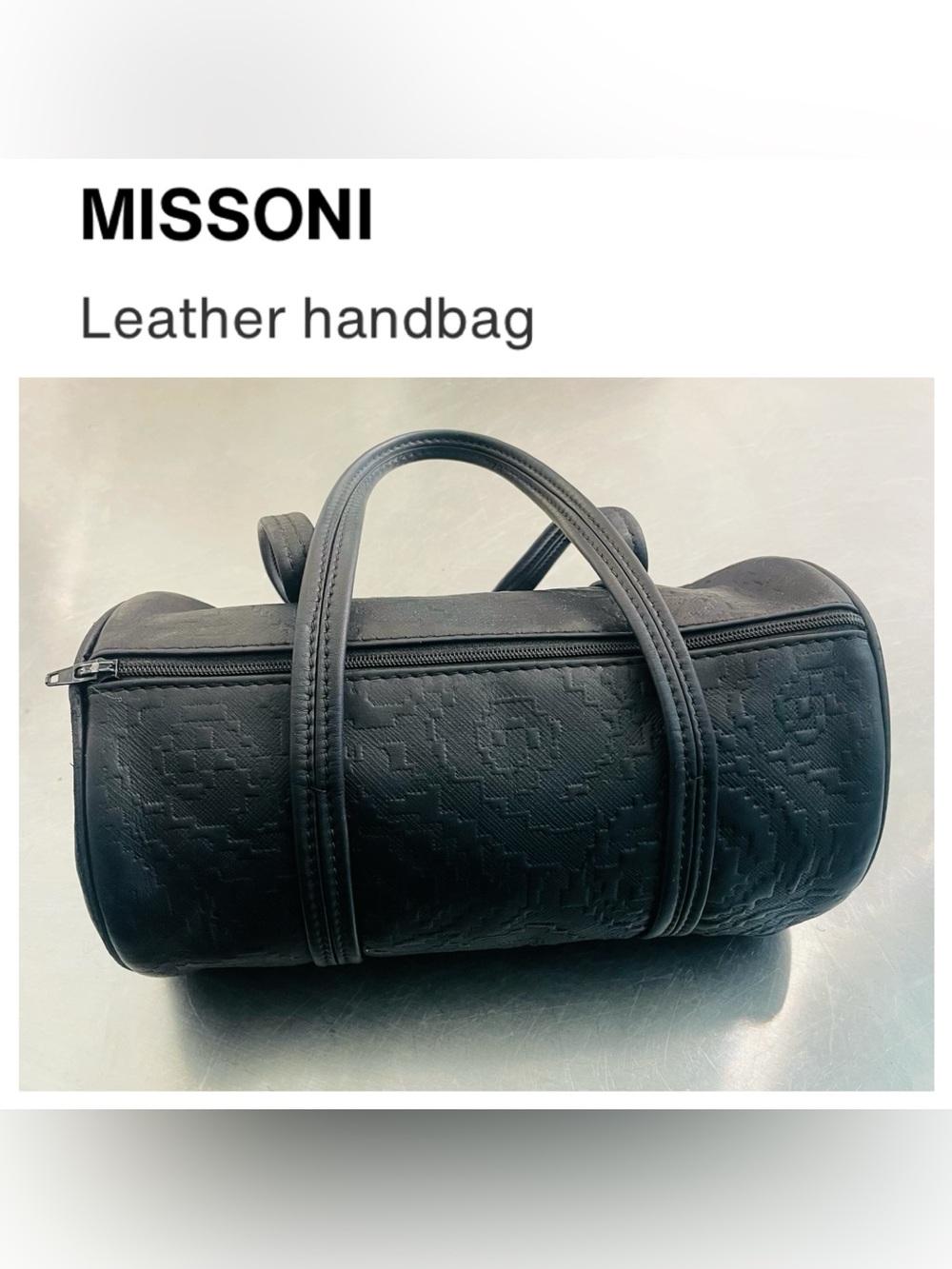 MISSONI Women’s Mini Black Textured Leather Duffel Barrel Bag